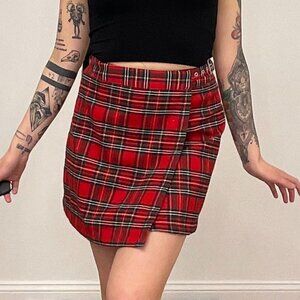 John Galt Plaid Mini Short Skirts Adjustable Belt Size S Red